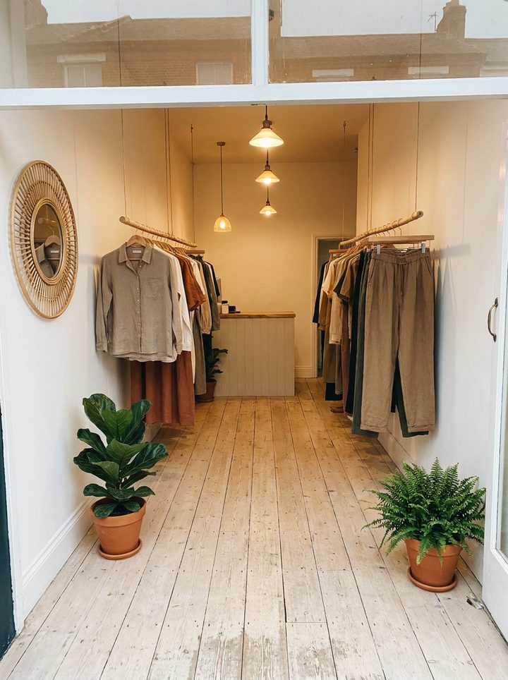 A phone photo of an empty clothing boutique with rails along both walls