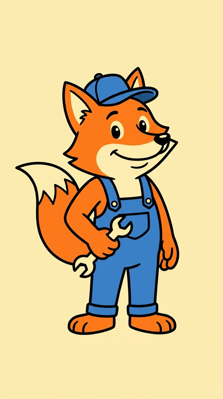 A flat cartoon drawing of an orange fox in a blue cap and overalls holding a wrench