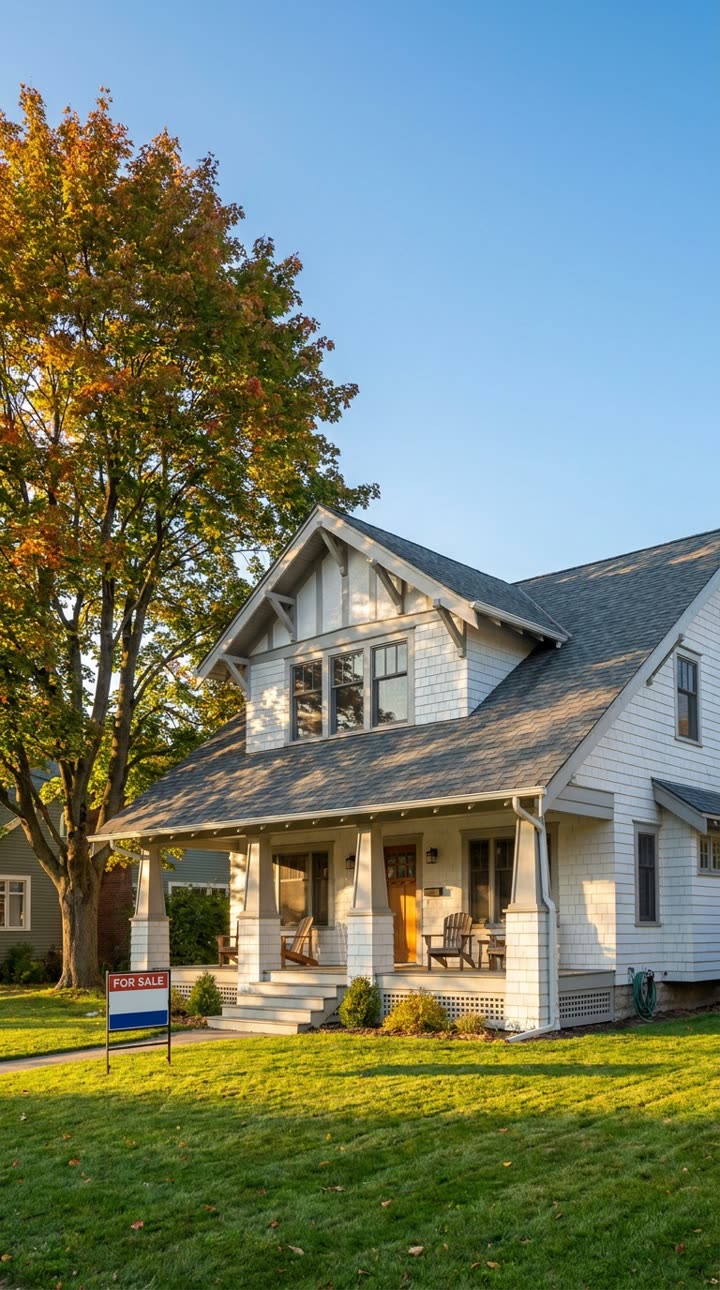 A listing photo of a white two-storey craftsman house with a front porch, a lawn and a maple tree