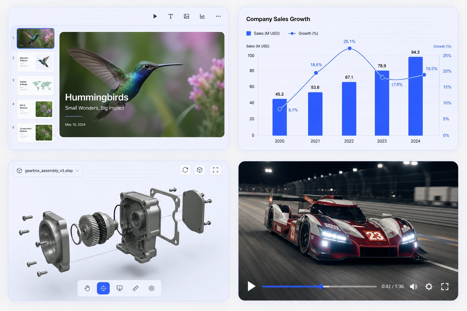 Four things OpenCraft makes: a slide deck about hummingbirds, a bar-and-line revenue chart, an exploded 3D model of a gearbox, and a video of a racing car