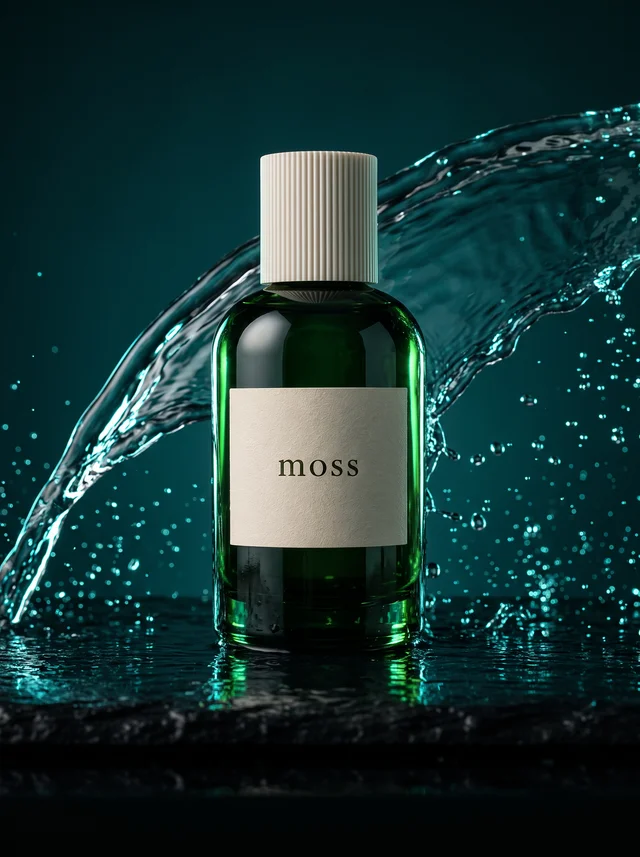 The same Moss bottle with a dramatic arc of water