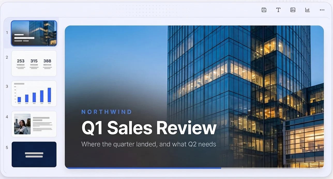 A slide deck open in a viewer: five numbered slide thumbnails beside a full-bleed photographic title slide reading Q1 Sales Review