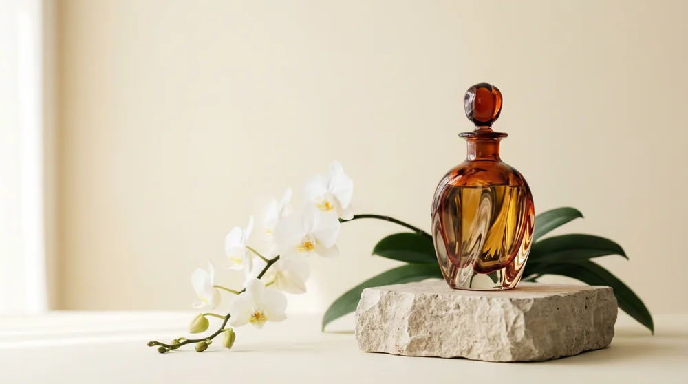The second perfume image revised with an amber bottle and warm ivory background