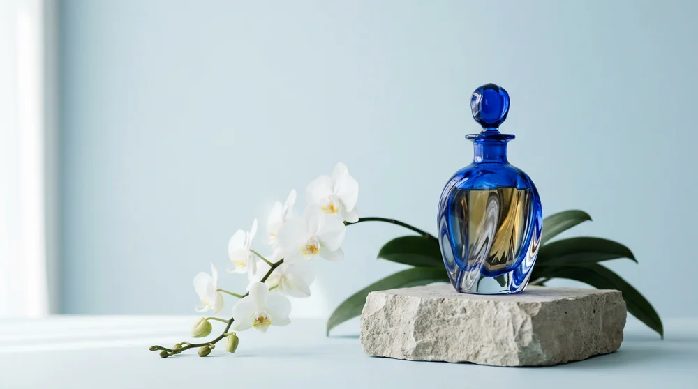 Blue perfume bottle and orchids from the Nano Banana 2 request