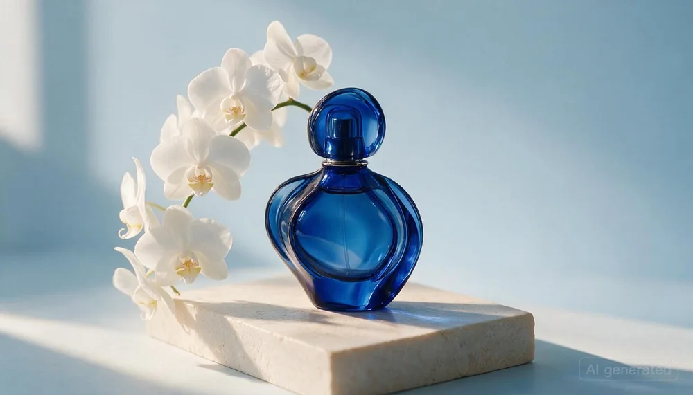 Cobalt-blue perfume bottle, white orchids, and a limestone plinth from the Seedream request