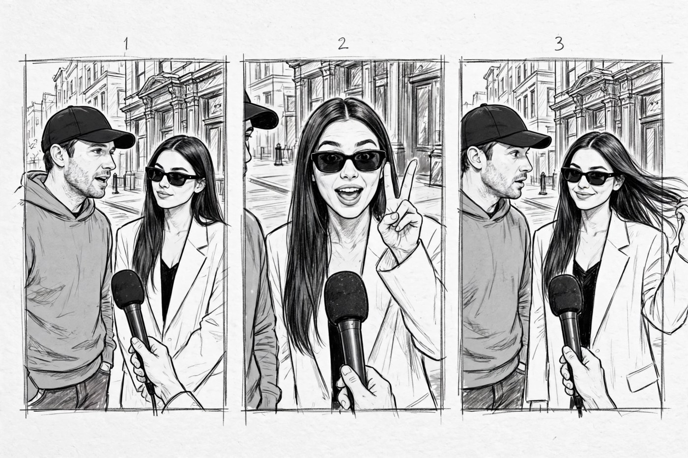 Pencil storyboard, three panels