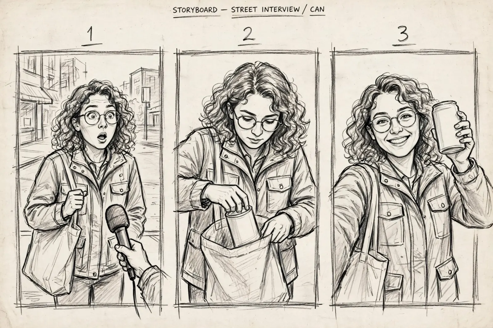 Pencil storyboard sheet, three panels: a curly-haired woman in glasses and a utility jacket is stopped by an interviewer's mic on the street; she digs into her canvas tote; she holds up a can, grinning.